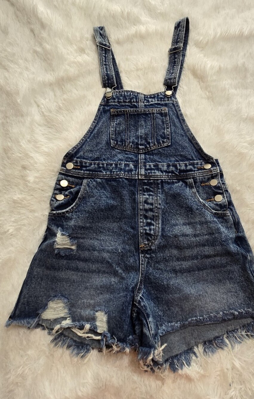 SHEIN Distressed Dark Blue Denim Short Overalls